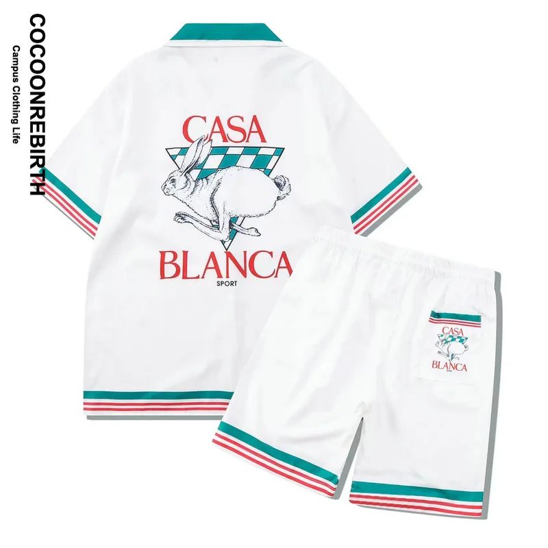 

Костюм спортивный мужской Пляжный в полоску, гавайский комплект с цветными шортами, Повседневная рубашка с лацканами, свободный костюм оверсайз в стиле хип-хоп, на лето