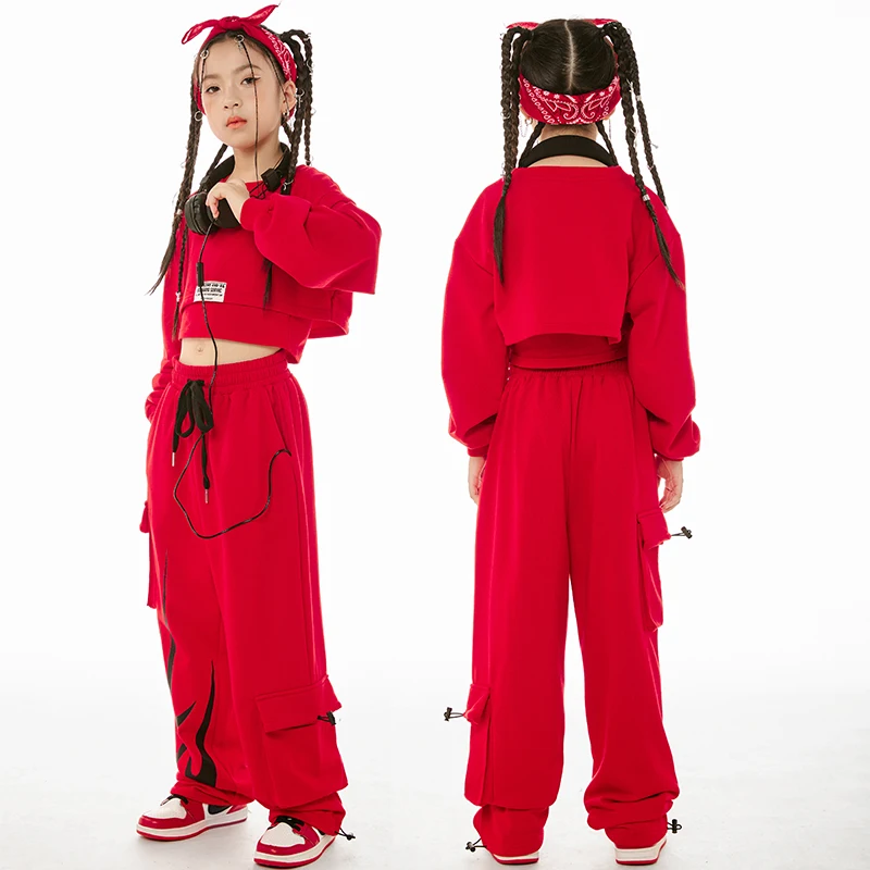 

Детские танцевальные костюмы в стиле хип-хоп для девочек, красные свободные кроп-топы, штаны в стиле хип-хоп, детская одежда для джазовых танцев и представлений, DN16394, 2023