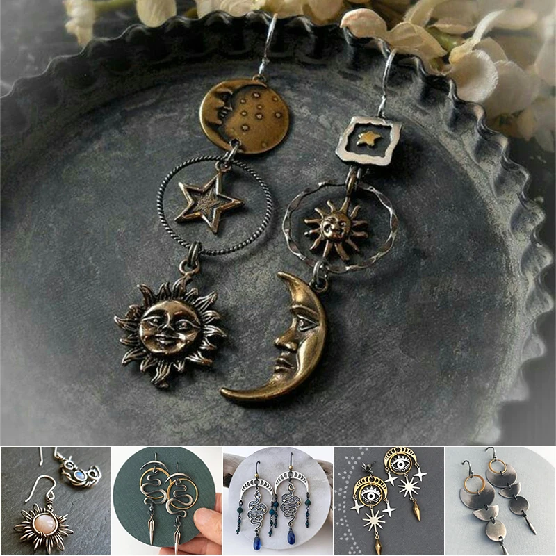 

Vintage Asymmetrical Earrings Creative Design Greek Mythology Face Sun Moon Pendant Earring for Women Gifts Long Dangle Earrings