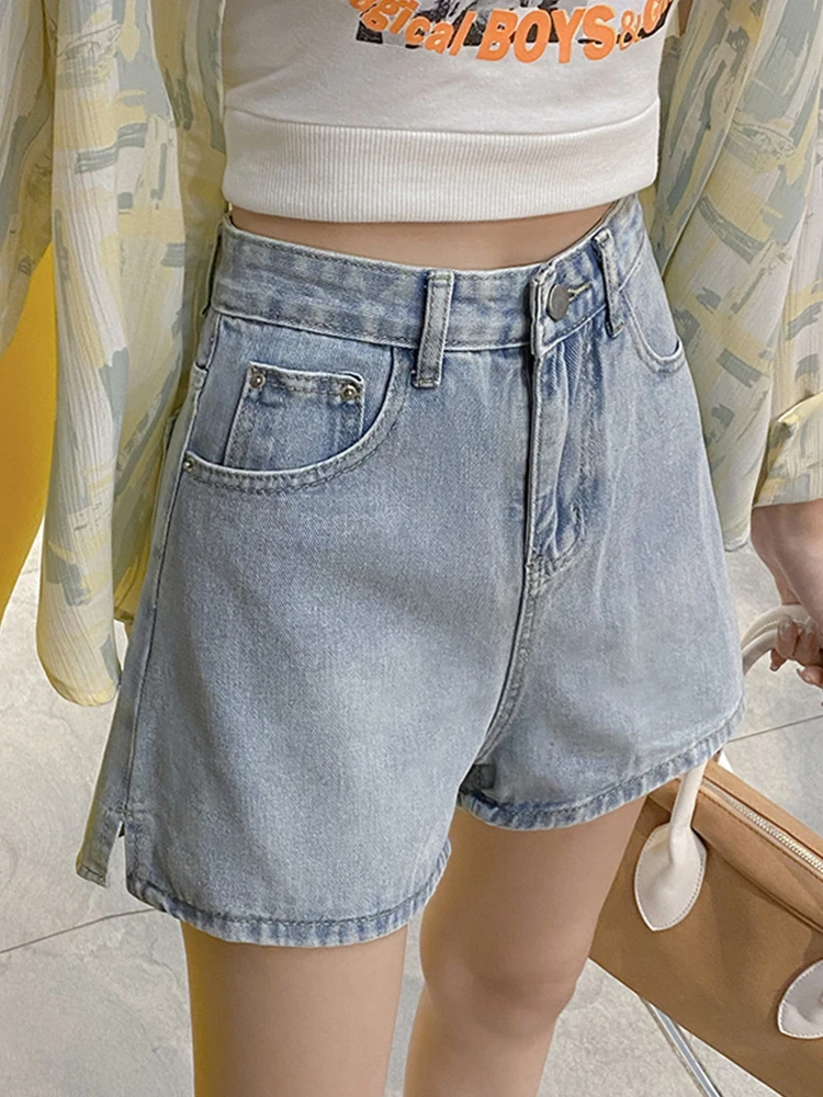 New Spring Summer Women High Waist Loose Blue Denim Shorts Casual Female Button Wide Leg Jeans Shorts Ladies Bottoms