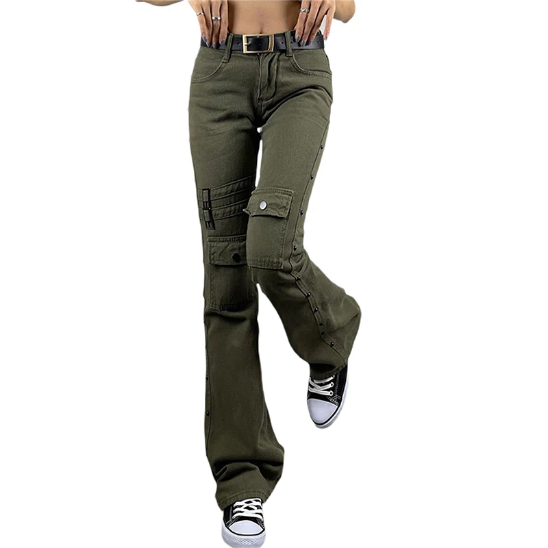 

Kayotuas Women Jeans High Waist Denim Army Green with Pocket Outdoors Athletic Vintage Ladies Streetwear Bottoms Cargo Trousers