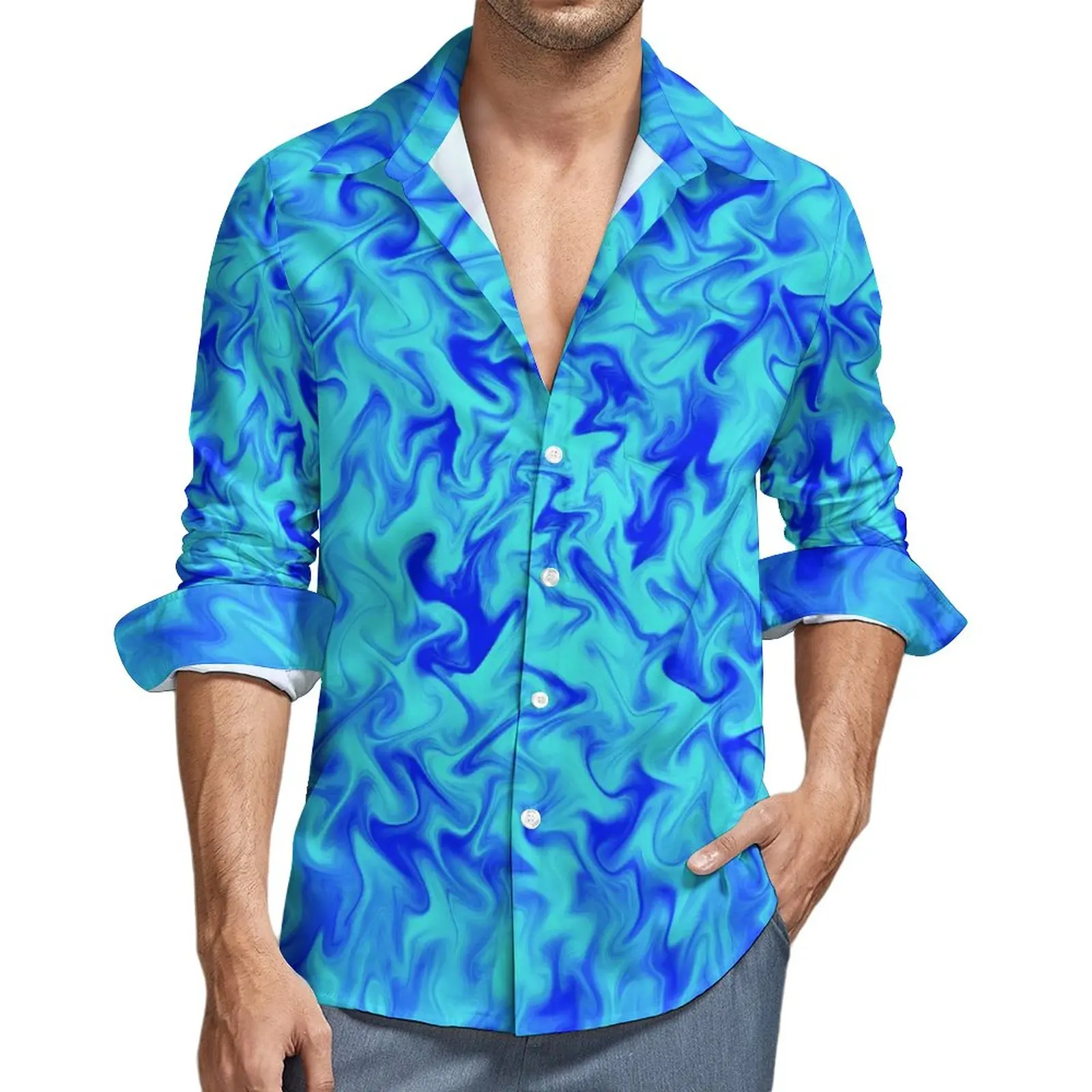 

Рубашка мужская оверсайз с длинным рукавом, Повседневная Блузка с жидким принтом, в стиле Харадзюку, осень