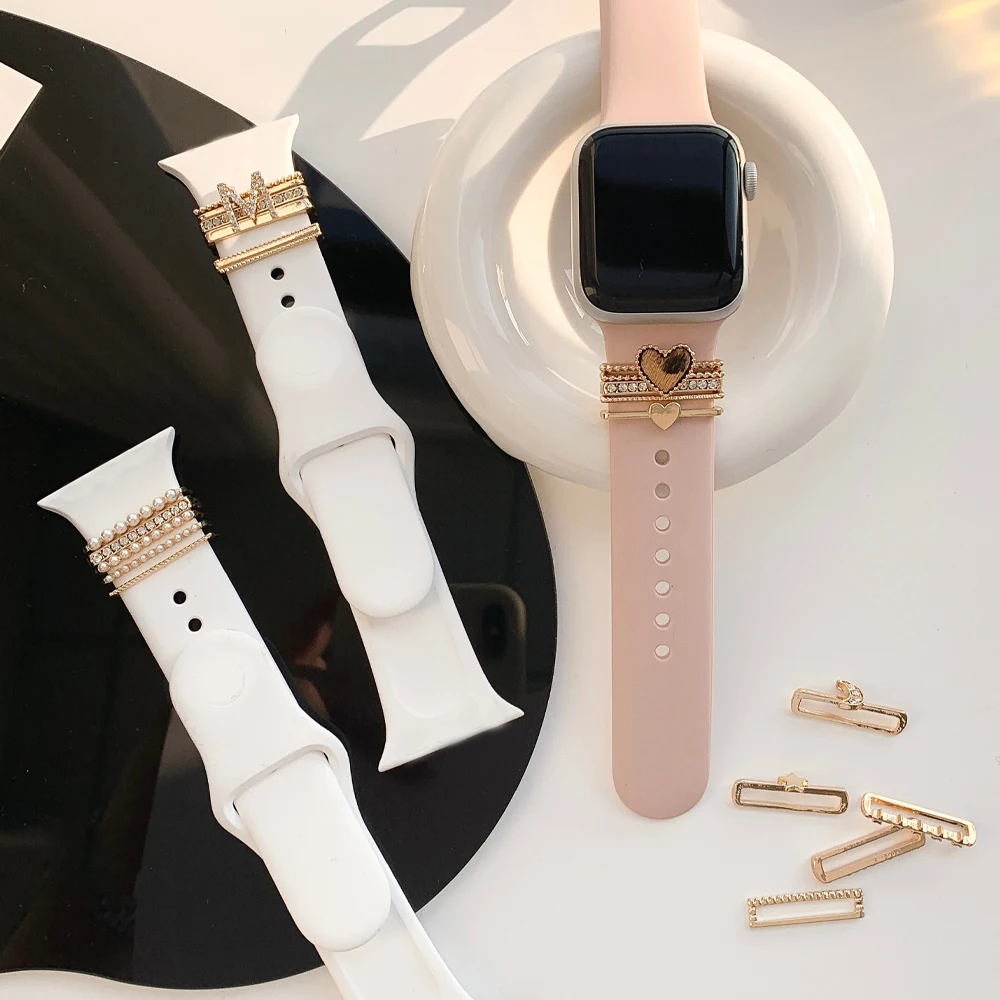 

Diamond Ornament For Apple Watch Steel Metal Charms Decorative Ring Silicone Band Accessories For iwatch 7 6 5 38 41mm Bracelet