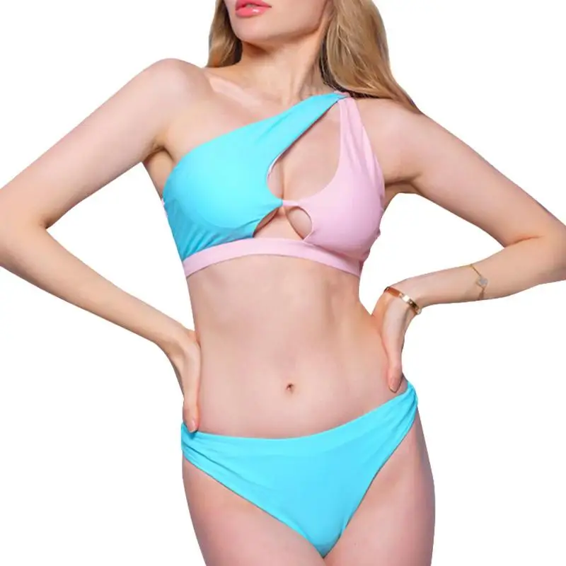

Соблазнительный купальник из двух частей, сексуальные легкие купальники из двух частей, купальник-Бикини на одно плечо с цветными блокировками, нежный купальный костюм