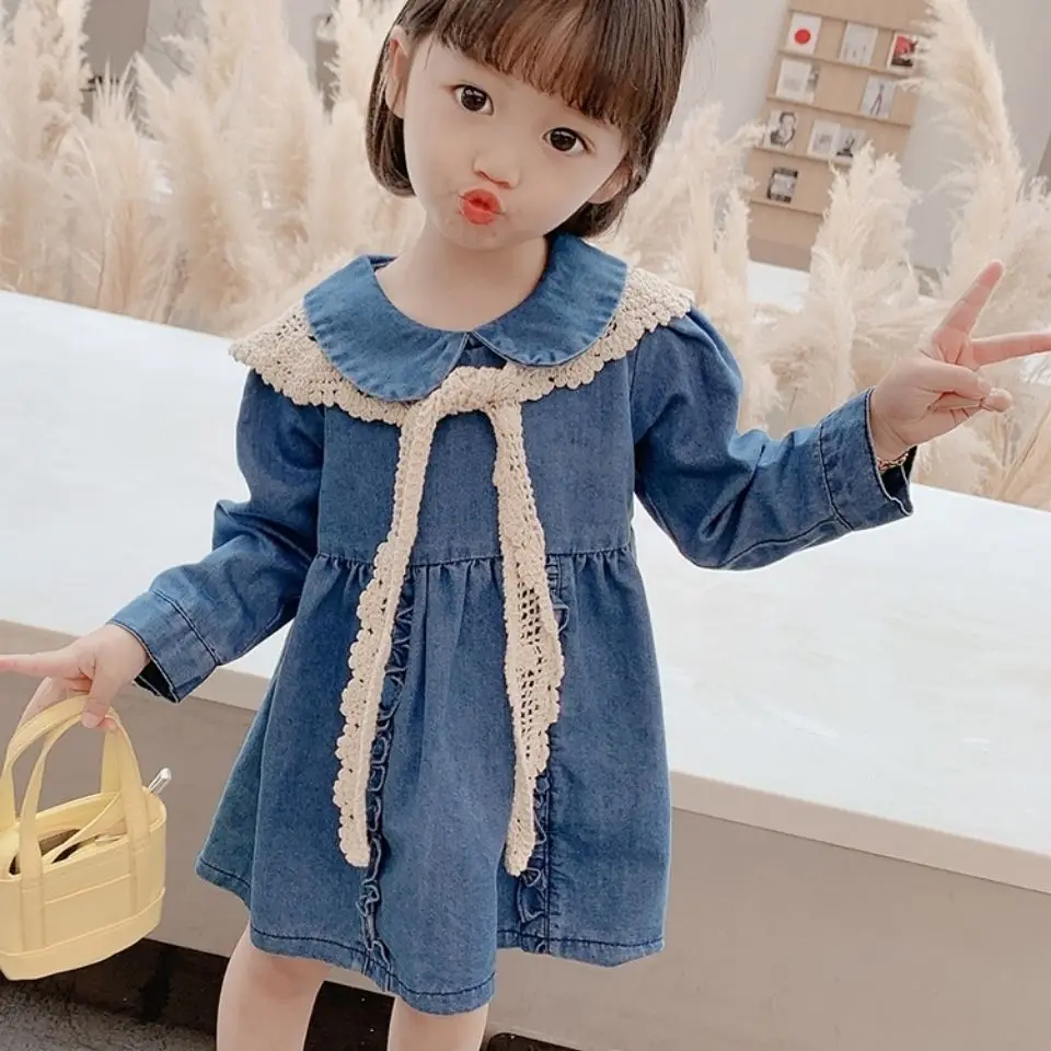 Милое и пушистое джинсовое платье для девочек новинка весны 2022 Детская свободная