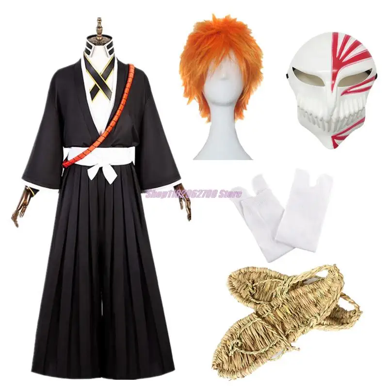 

Bleach Cosplay Thousand-Year Blood War Arc Ichigo Kurosaki Costume Wig Mask Uniform Red Rope Wooden Plate Shinigami Attire Shoes