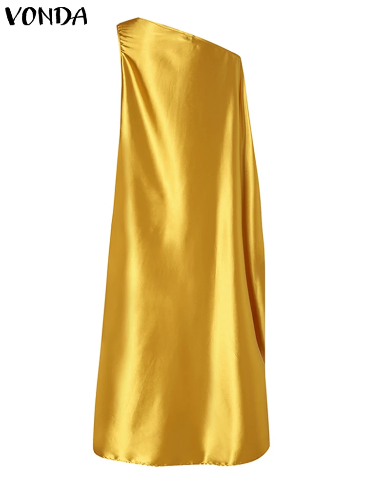 Plus Size 5XL VONDA Elegant Women Maxi Dress 2023 Summer Sexy Sleeveless Satin Robe Bohemian One Shoulder Party Beach Sundress