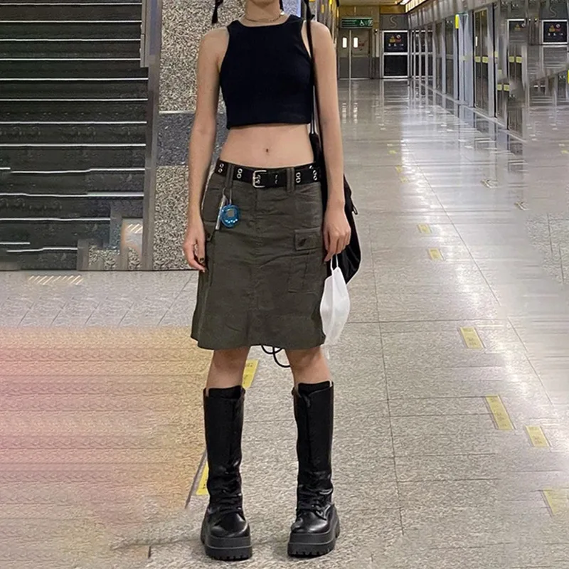 

Женская джинсовая юбка с поясом и микро карманами, Y2K