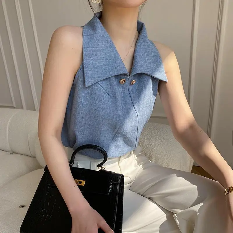 

2023 New Summer Fashion Retro Style Polo Collar Panel Button Front Shoulder Hong Kong Commuter Women's Sleeveless Shirt