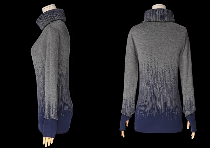 Женский винтажный кашемировый свитер с градиентом черно-синий толстый высоким