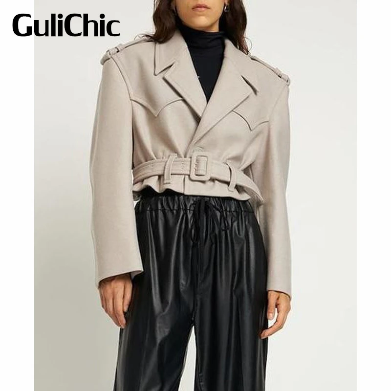 

9.20 GuliChic Women Fashion Epaulet Design With Belt Keep Warm Wool Blend Short Jacket