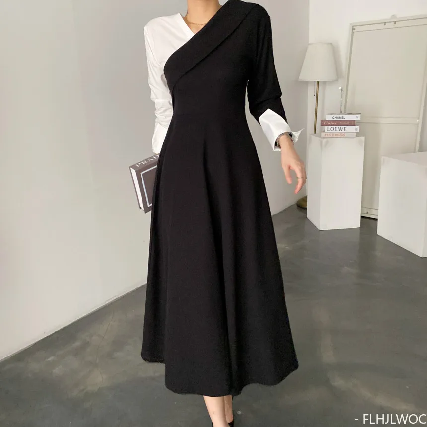 

Chic Korea Fashion Women Temperament Office Lady Elegant Black Work Basic Wear Vintage Dress Split Faux Two Piece Shirt Dress