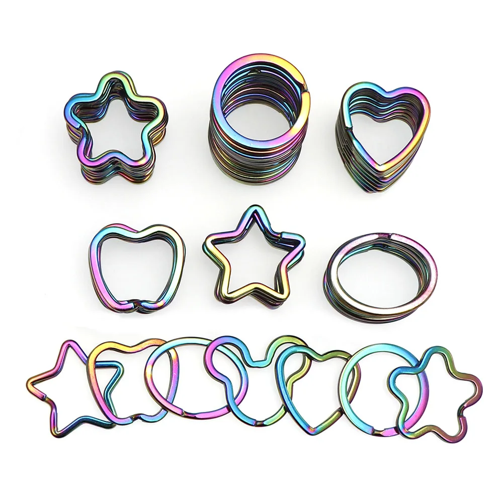 10PCS Rainbow Split Ring Heart Star Apple Keychains Metal Key Chain Ring Split Rings Unisex Keyring Keyfob Accessories DIY