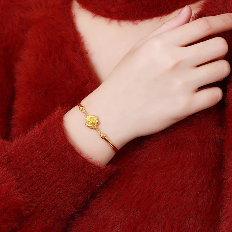Браслет из 24-го золота с бусинами и розой AU999 модный женский браслет золотым