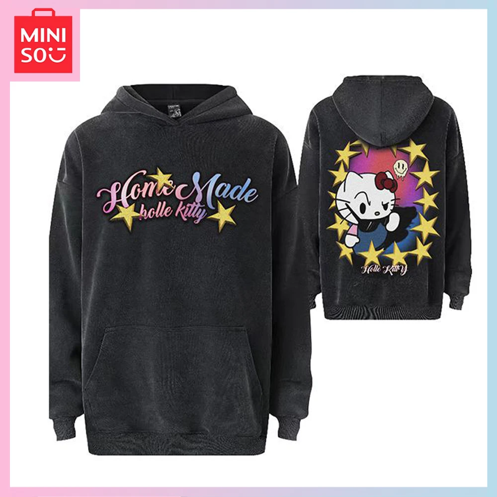 

Miniso Sanrio American Fashion Brand Fun Hello Kitty Y2K Printed Fleecy Hooded Casual Loose Hoodie for Men and Women Couples