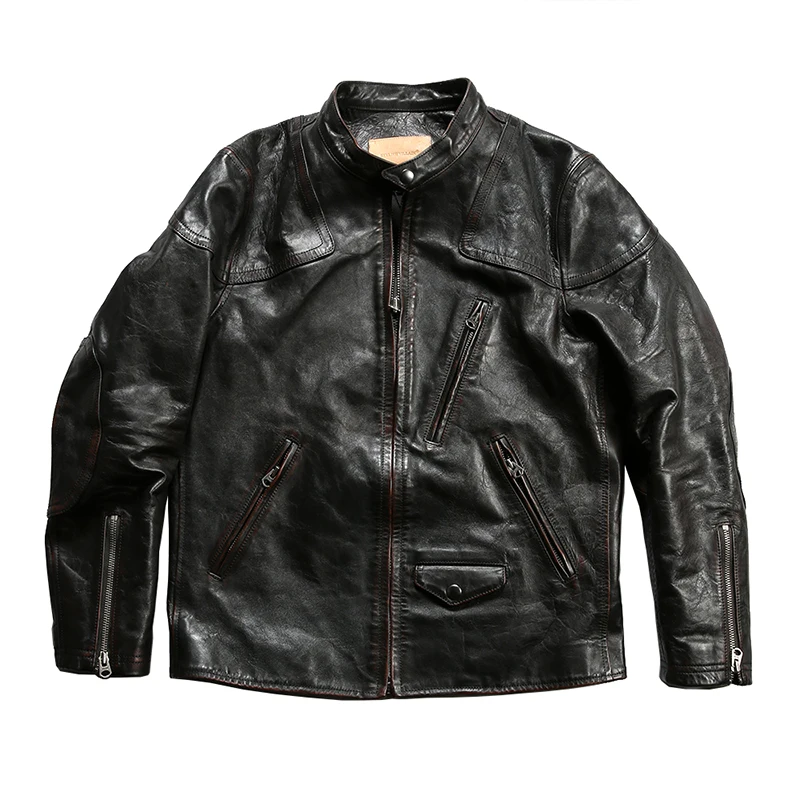 

Dermis Venom Horse Skin Coats Men's Replica RRL Stand-up Collar Vintage Plus Size Washed Motorcycle Real Leather Jacket