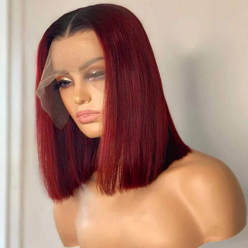 Bob Wig Lace Front Human Hair Wigs 13x4 Brazilian 1B99J Red Burgundy Colored Straight Lace Front Wig 150%Density For Black Women