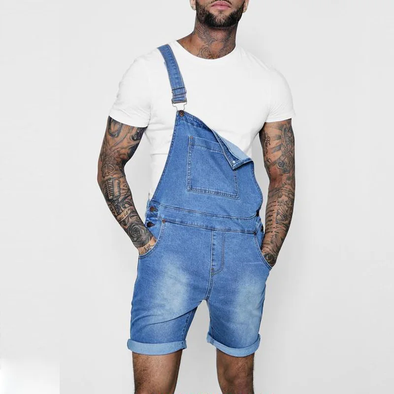 Men's Overalls Fashionable Denim Jumpsuit Bib Straps Short Jeans Men Fashion Streetwear Solid Color Straight Shorts