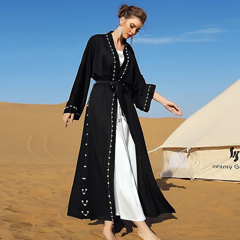 Ramadan Eid Black Kaftan Open Abaya Turkey Islam Muslim Kimono Abayas for Women Dubai Evening Dress Caftan Robe De Soiree Femme