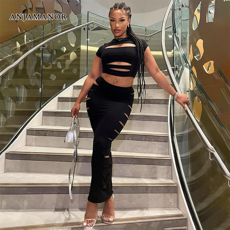

ANJAMANOR Cutout Crop Top Long Skirt Sets Women 2 Piece Outfits Maxi Dress Pink Black Sexy Night Club Outfits Fall 2023 D85-CZ24