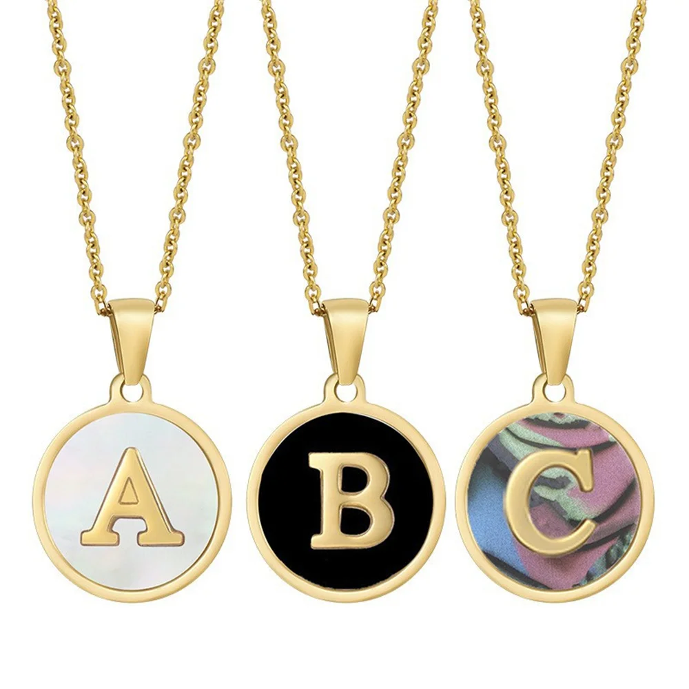 White Shellfish Stainless Steel Initial Letter Necklace Gold Color A-Z Alphabet Round Pendant Neck Chain Choker Jewelry for Girl