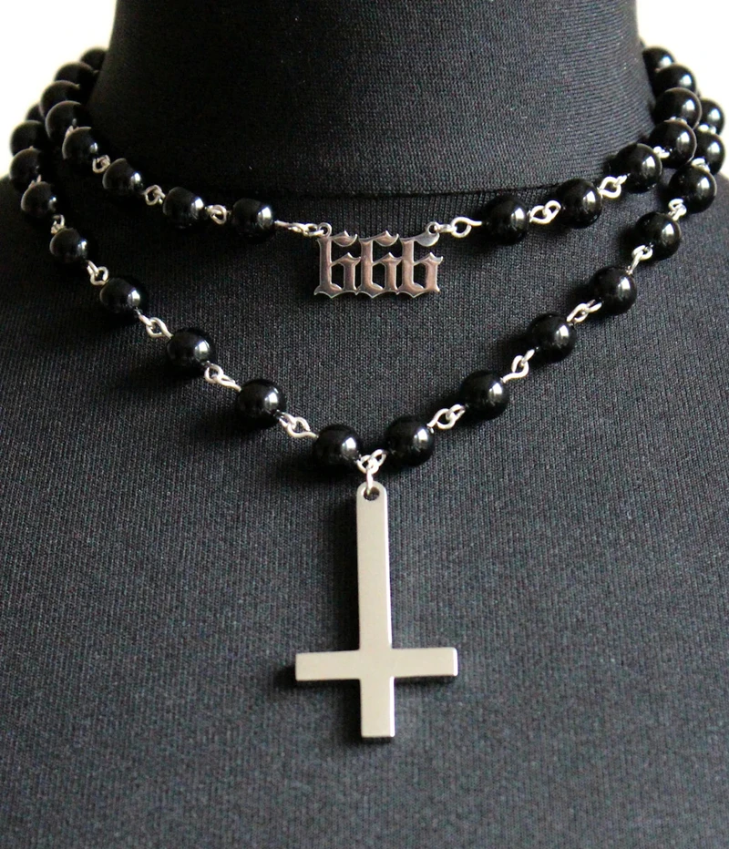 

Special 666 symbols& Cross Choker Necklace occult alternative jewellery Real Gemstone Left Hand Path 666 Satanic Choke Pendant