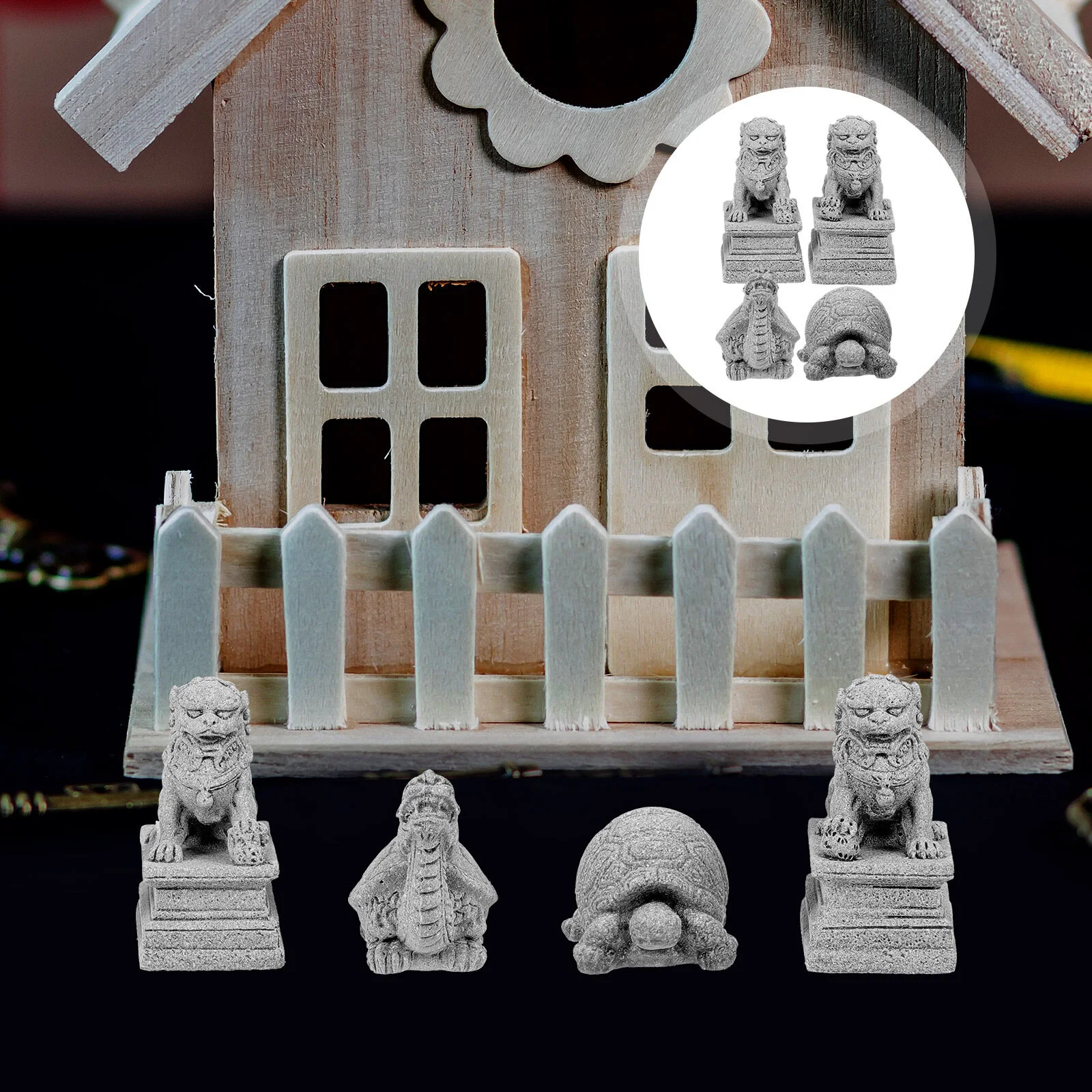 

4 Pcs North Lion Ornament Guardian Statue Pot Decorations Desktop Miniature Sandstone Bonsai Chinese Style Fish Bowl