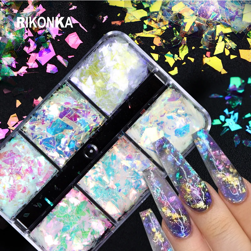 

6 Grids AB Nail Glitter Sequins Shiny Aurora Irregular Ultra-Thin Mermaid Shell Flake Set For Design Summer Manicure Accessories