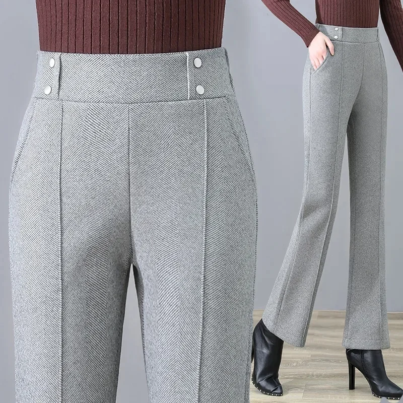 

New Korean Autumn Women's Woolen Flare Pants Casual Elastic High Waist Pants Women Winter Warm Office Lady Straight Trousers