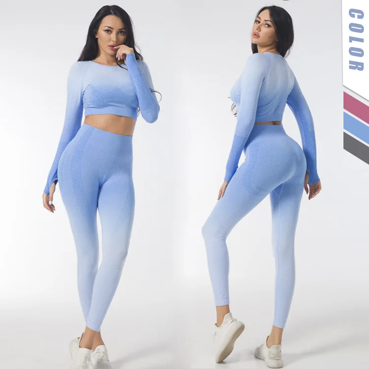 Gradient Long-sleeved Yoga Suit Fitness Running Dot Jacquard Sports Breathable High Waist Buttocks Seamless Yoga Pants Suit