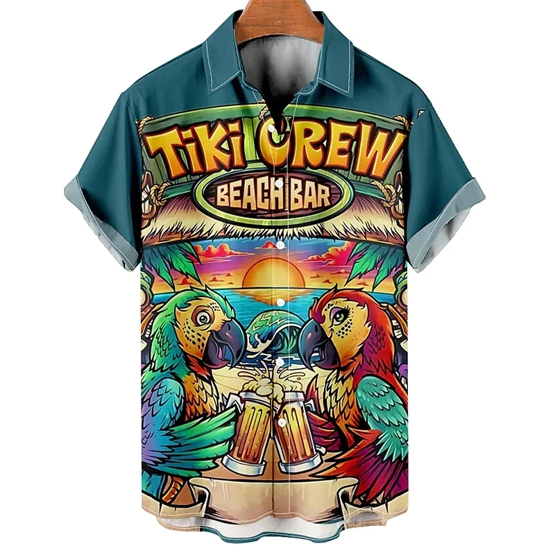 

Summer Men's Shirt Cartoon Parrot Print Shirts for Men Lapel Button Harajuku Tops Trendy Streetwear Hip Hop Clothing Fashion Tee