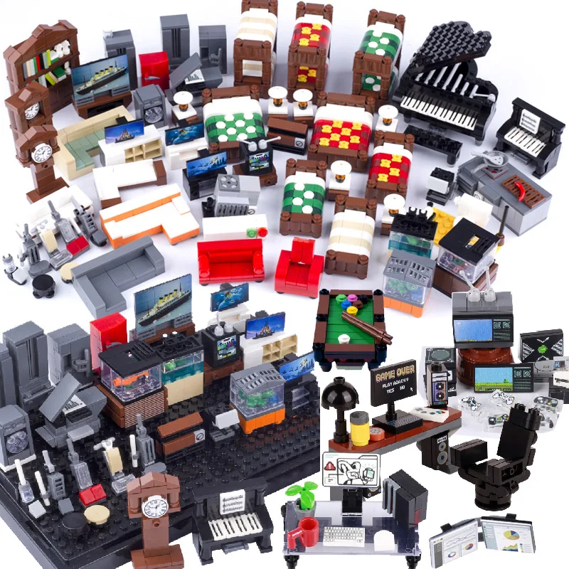 MOC City House Furniture Building Blocks Kit TV Couch Pool T