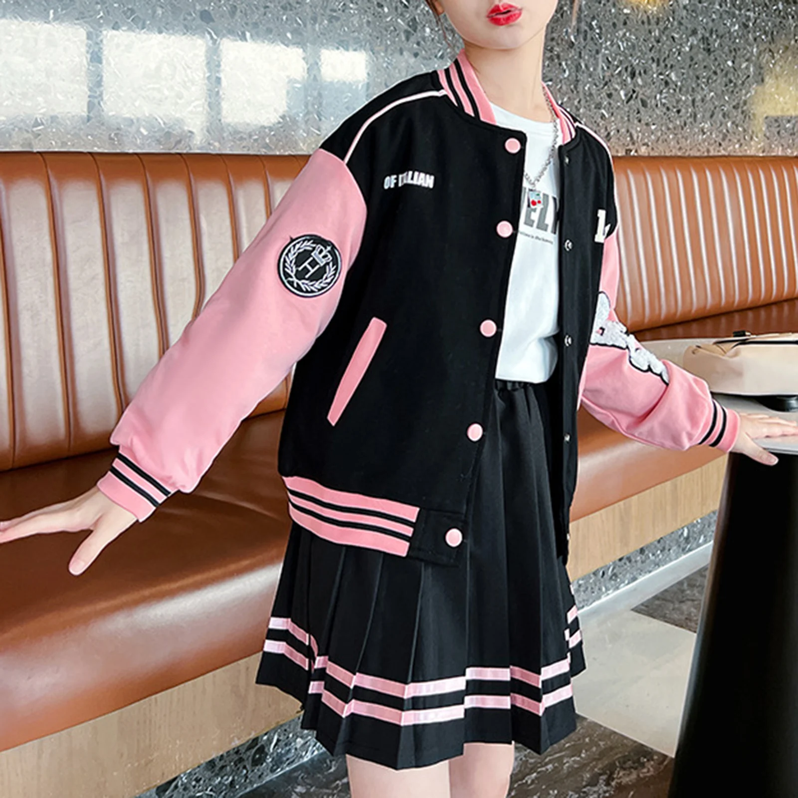 Young Girls Casual Baseball Outfits Sports Tracksuit Patchwork Button Coat Jacket + Pleated Swing Skirts Suit Kids Outerwear Set