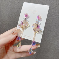 korean sweet pink crystal flower drop dangle earrings for women pearl tassel long hanging earring pendientes jewelry party gifts