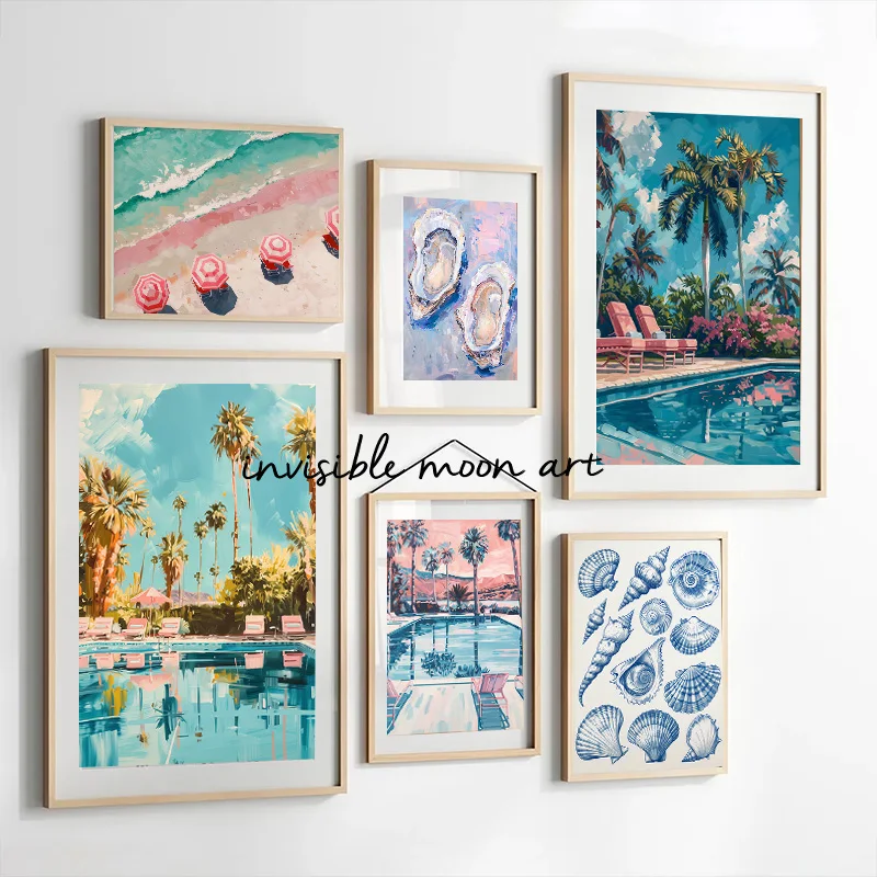 Ретро пальмовые пружины плавательный бассейн розовый пляж морской пейзаж