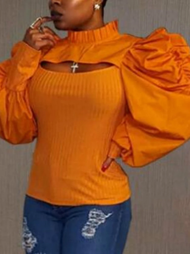 Сексуальные топы блузка с пышными рукавами воротник-стойка ажурный корсет топ