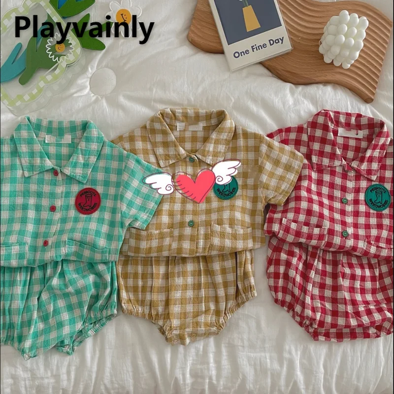 

New Summer Clothes for Girl Boy 2pcs Sets Embroidered patch Plaid short sleeve shirt+Shorts suit Casual suit Clothes E62113