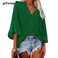solid v neck lace patchwork flare three quarter sleeve loose casual shirt women clothing pullover blouses tops 2022 summer new