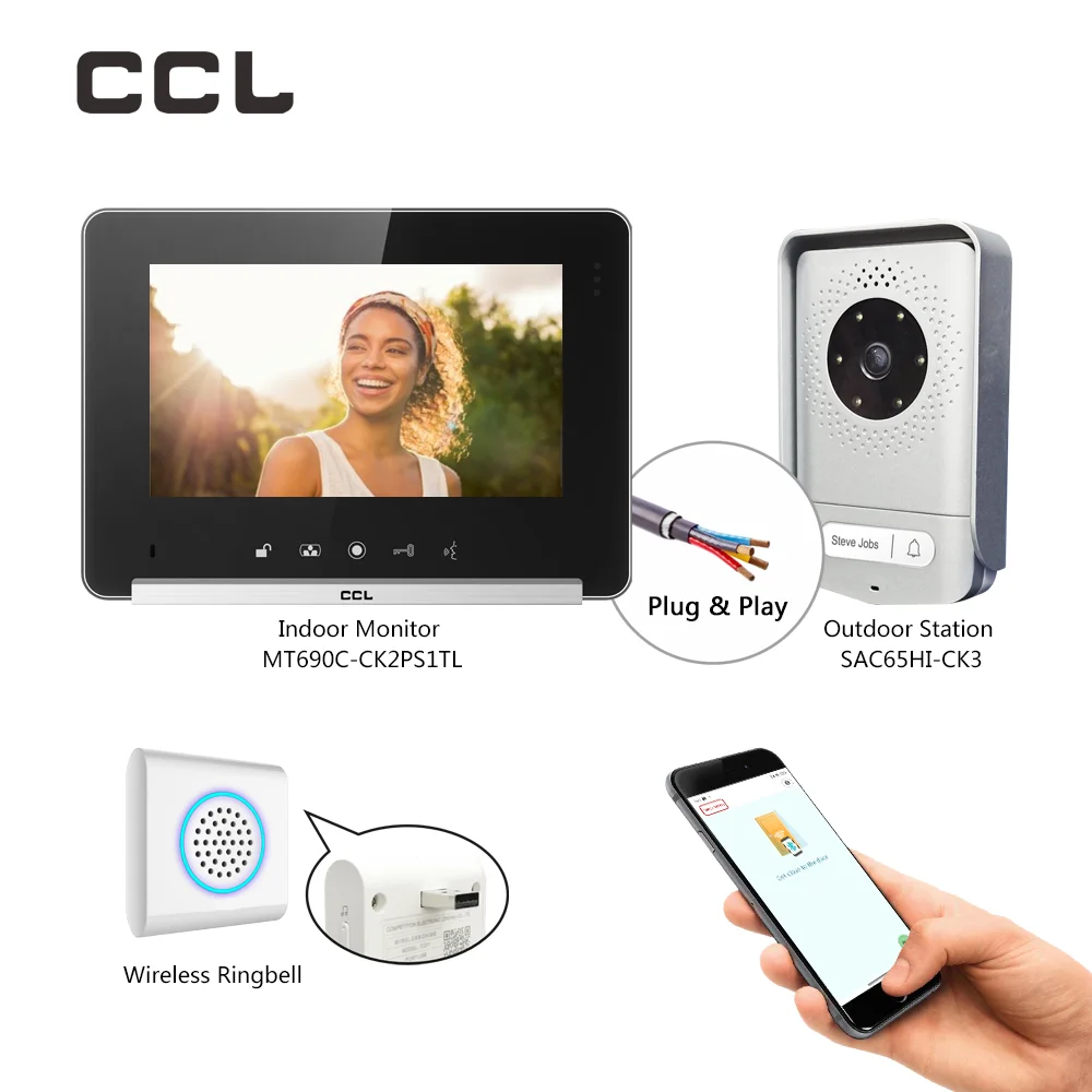 CCL 7 Inch Video Intercom Door Phone 4-Wire with Wireless Ringbell Camera Doorbell  For Villa System Unlock with Shaking