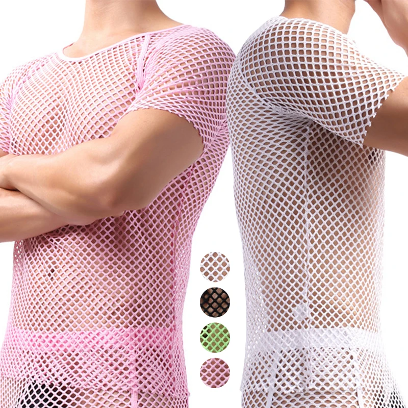 

Men's Mesh See-Through Fishnet T Shirt Short Sleeve Muscle Top Sexy Nightclub Wear Party Perform Streetwear Tops