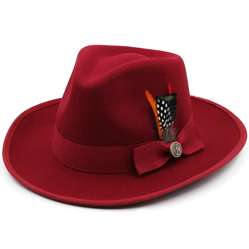 

Women Men 100%Wool Vintage Gangster Trilby Felt Fedora Hat With Feather band Wide Brim Gentleman Elegant Lady church Jazz Caps