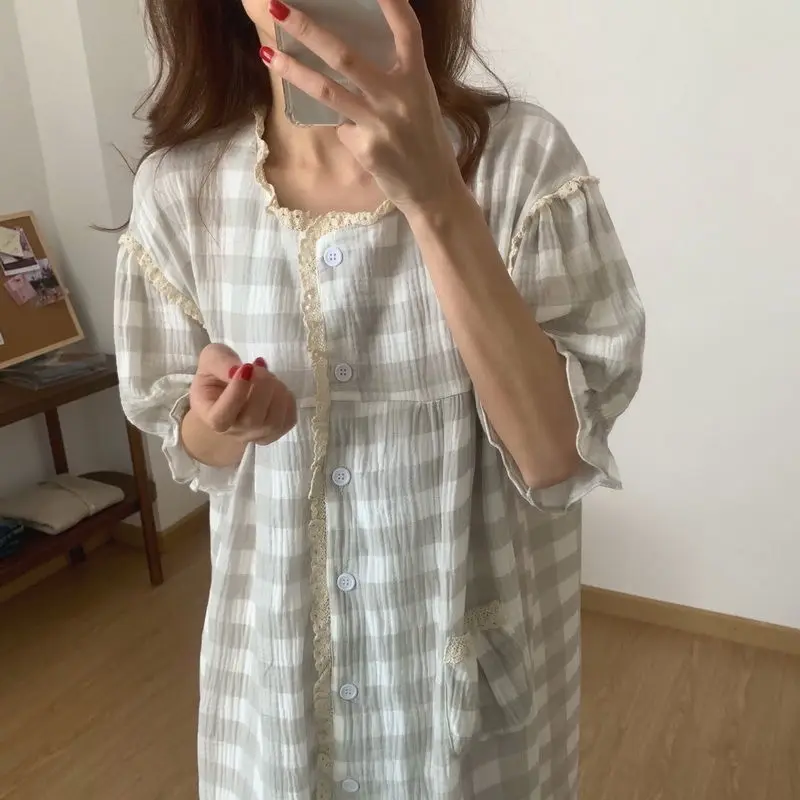 QWEEK Night Dress Women Sleepwear Korean Style Plaid Ruffles Nightgown Buttons Sleepshirt Summer Autumn Home Clothes Nightwear