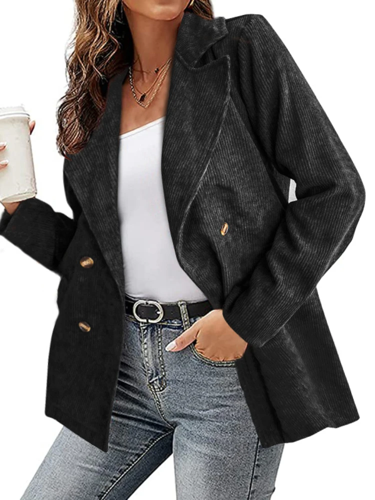 Spring New Women's Double-breasted Temperament Commuter Office Suit Jacket Solid Color Coat Casual Corduroy Women's Clothing
