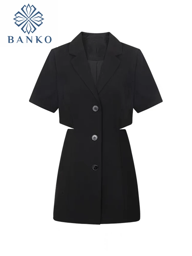 

Women Elegant Blazer Dress Office Casual Sexy Hollow Out Solid Dresses Summer Short Sleeve Slim A-line Mini Suit Vestidos Mujer