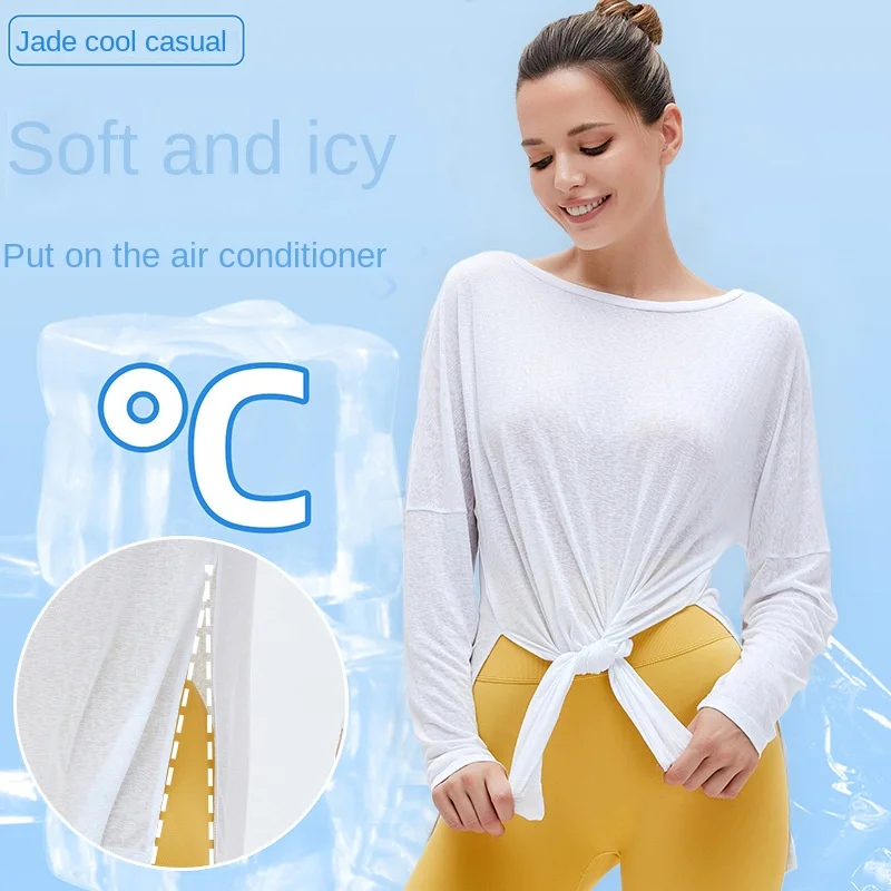 

New lightweight quick drying sunscreen loose top double side slit breathable long sleeve yoga clothes women