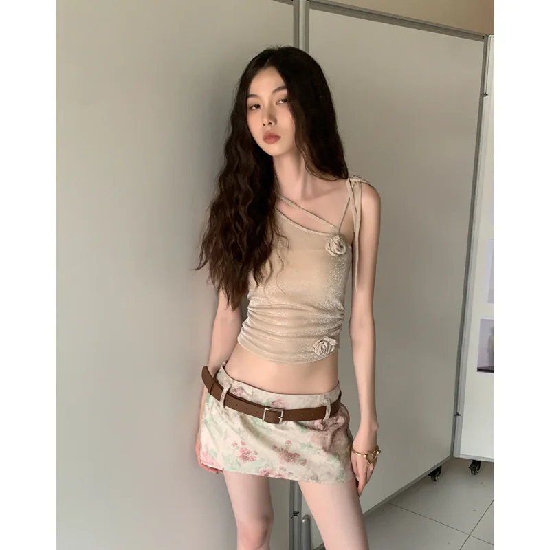 

T Shirt For Women Khaki Flower Design Sling Skirt Belt Personalized Trend Fashion Chic Y2K 2023 Summer Female Clothing Tops