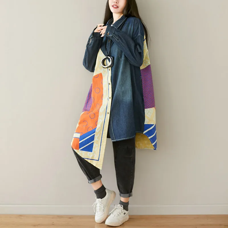 

SuperAen 2022 новые рубашки с отложным воротником со стойкой Асимметричные свободные негабаритные вымытые джинсовые пальто для женщин