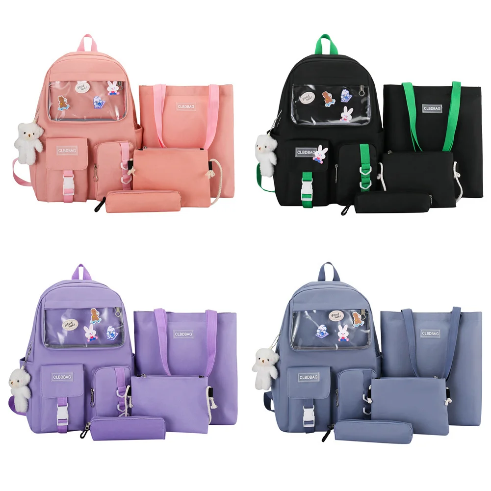 

4pcs/Set Women School Backpacks Teenagers Girls Student Book Bag Satchel Mochila Pencil Case Composite Set with Badge Pendant