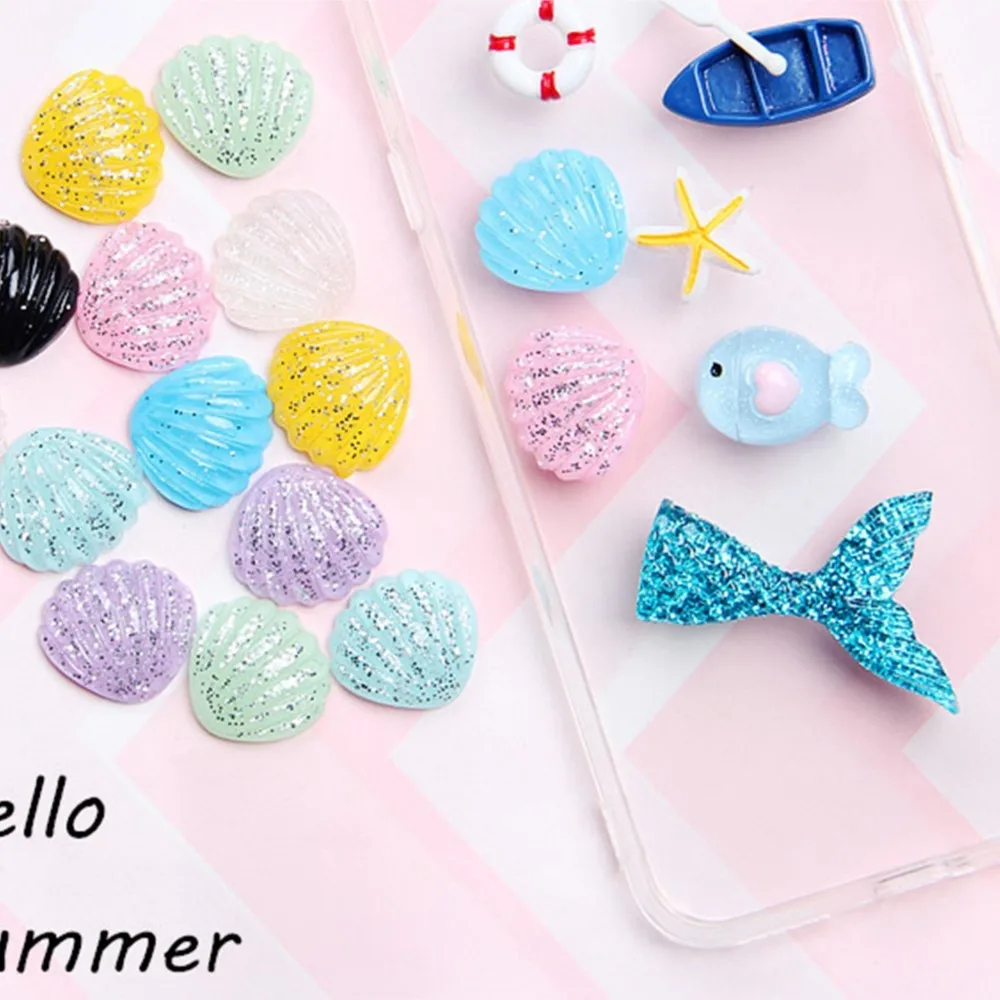 20 Mixed Color Flatback Resin Glitter Crystal Shell Scallop Cabachons 20X18mm