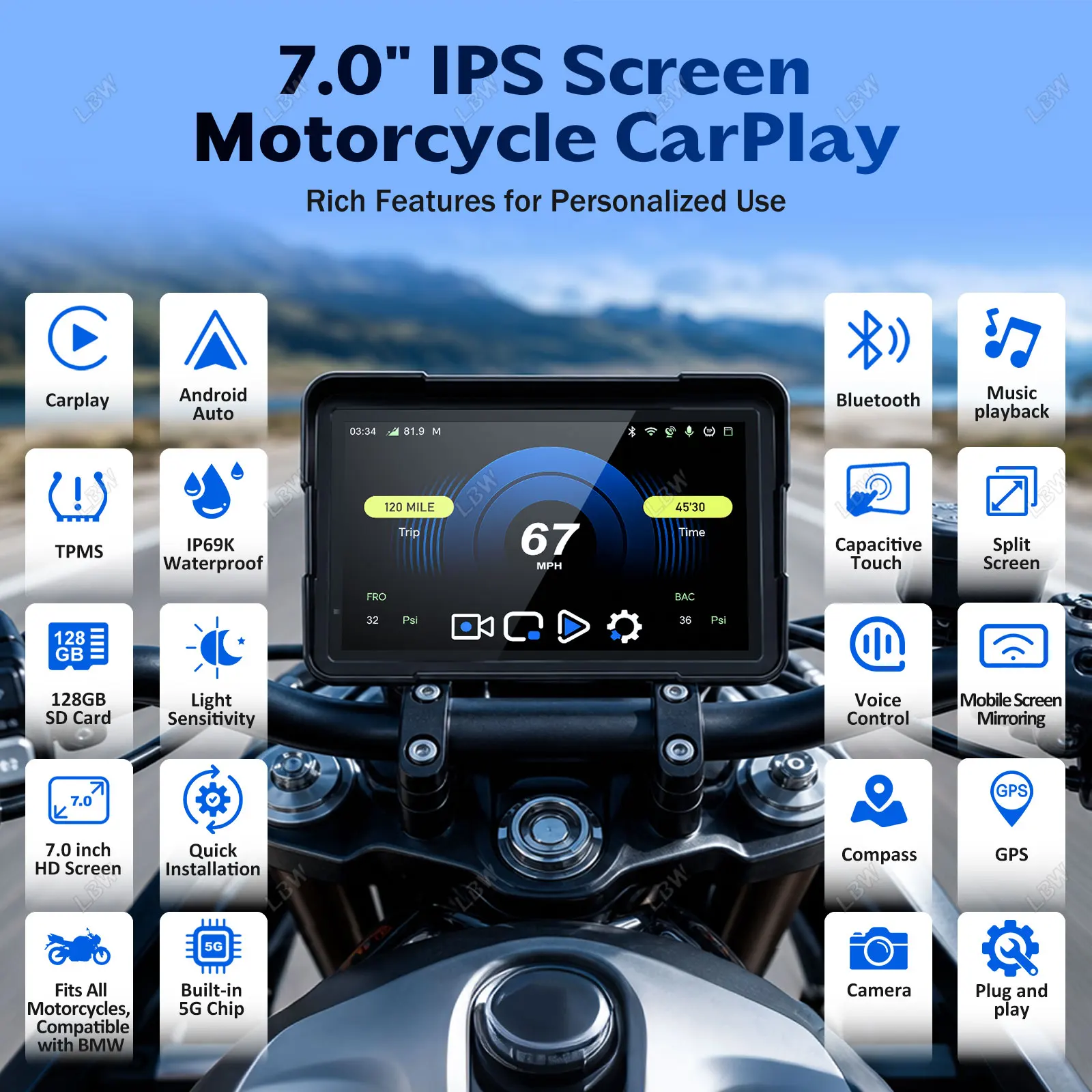 Фото GPS-навигатор LBW 7 дюймов с быстрым креплением для мотоциклов, поддержка CarPlay и Android, включает TPMS и двойные камеры, подходит для всех моделей мотоциклов. №2